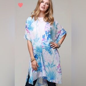 Tropical Print Kimono Cape - Blue and Pink